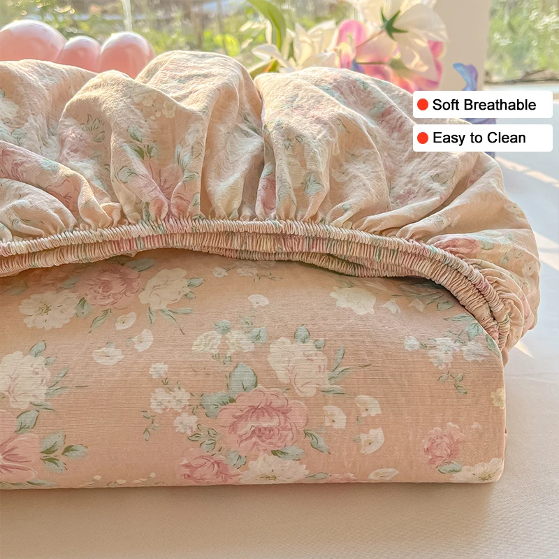 Double Layer Yarn Fitted Sheet Printed Super Soft Breathable Skin-Friendly Top Sheet Lightweight Shrink Resistant Easy Care