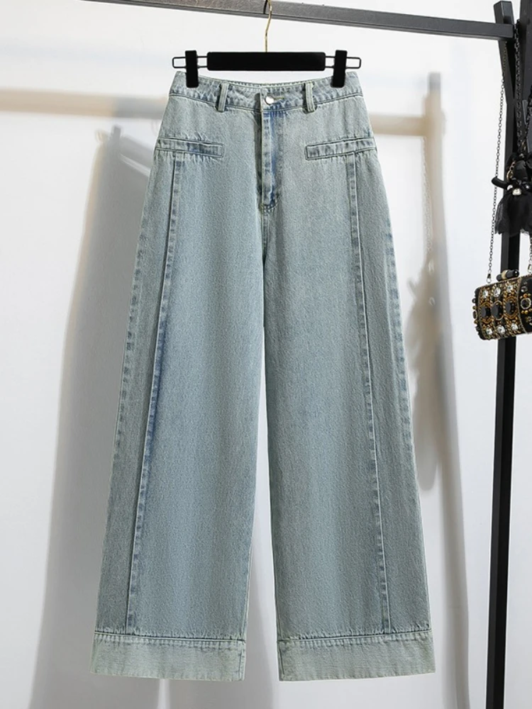 Autumn Winter Vintage Casual Versatile Trousers Dark Blue Roll‑Up Hem Wide Leg Women Jeans High Waist Loose Straight Denim Pants