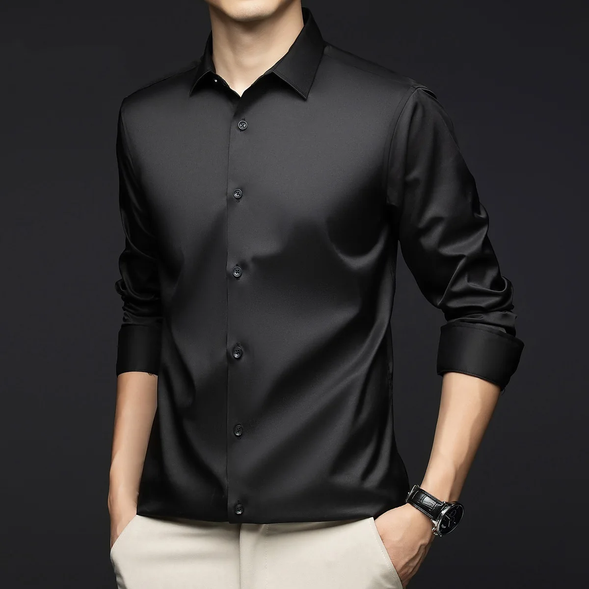 

Spring and Autumn Men's Shirt Long Sleeve Solid Color Silk Satin Non Ironing Business Men's Collar Professional Shirt