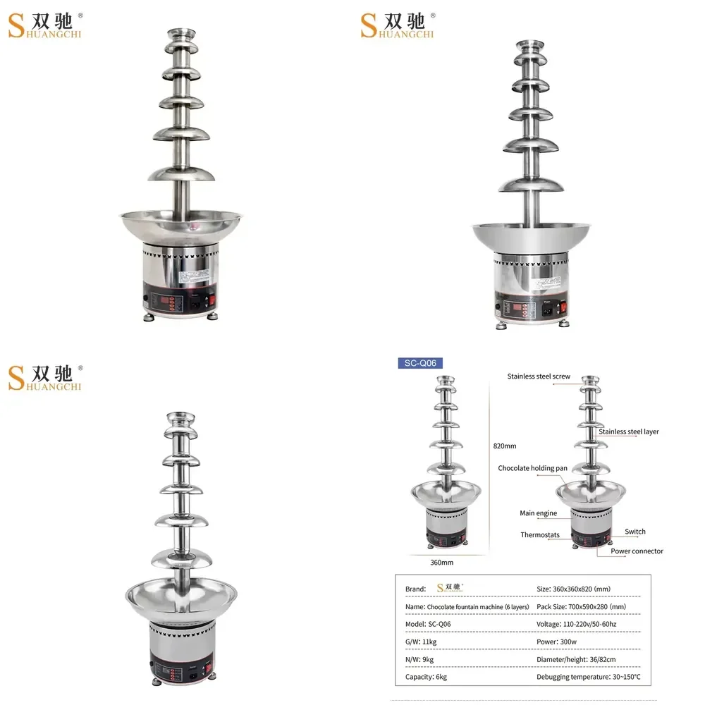 Large Electric 6-Layer Stainless Steel Chocolate Fountain Machine 6KG Capacity Tabletop for Weddings
