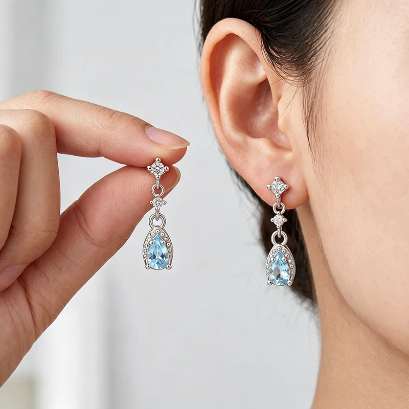 OZAN S925 Sterling Silber Hängeohrringe Tropfenform Meerblaue CZ Trendiger Klassischer Damenschmuck Jubiläums-Geburtstagsgeschenk – Detail 3