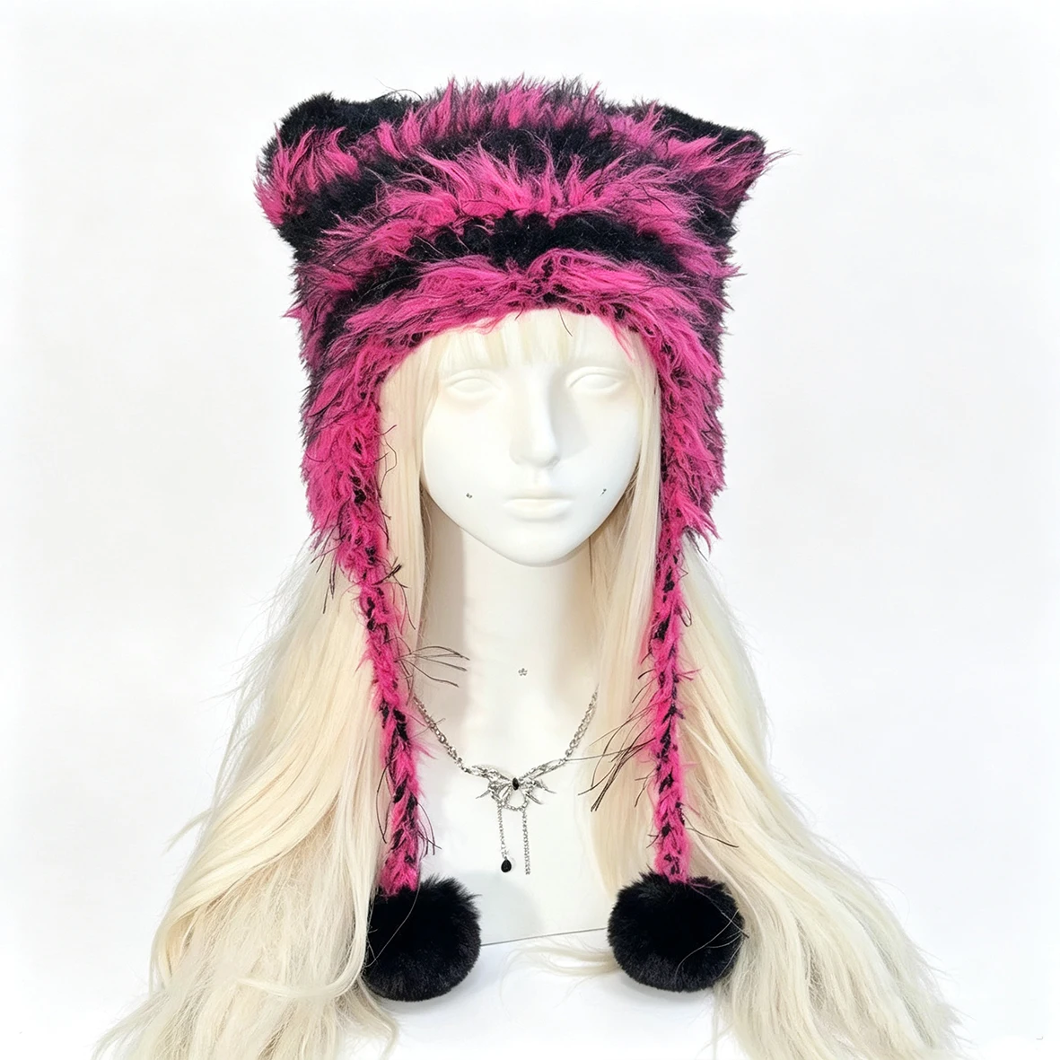 Custom Hand‑Crocheted Black Pink Cat Ear Beanie Women Fuzzy Pom Striped Knit Hat Men Winter Punk Grunge Goth Y2K Headwarmer