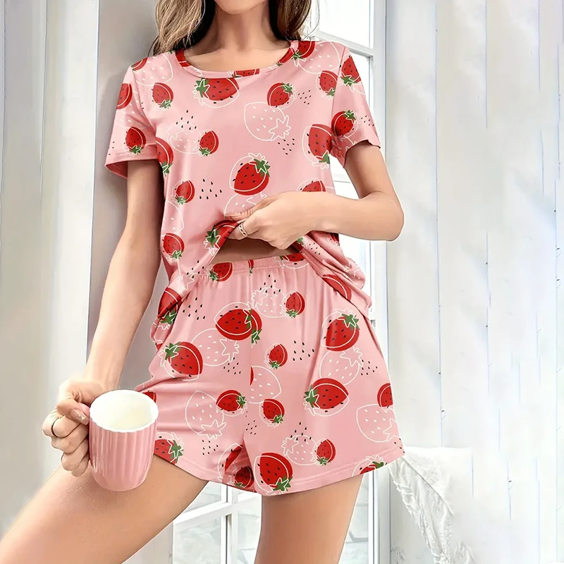

Женский пижамный комплект с очаровательным принтом клубники и фруктов, топ с короткими рукавами и шорты, одежда для сна на все сезоны, милая и уютная домашняя одежда