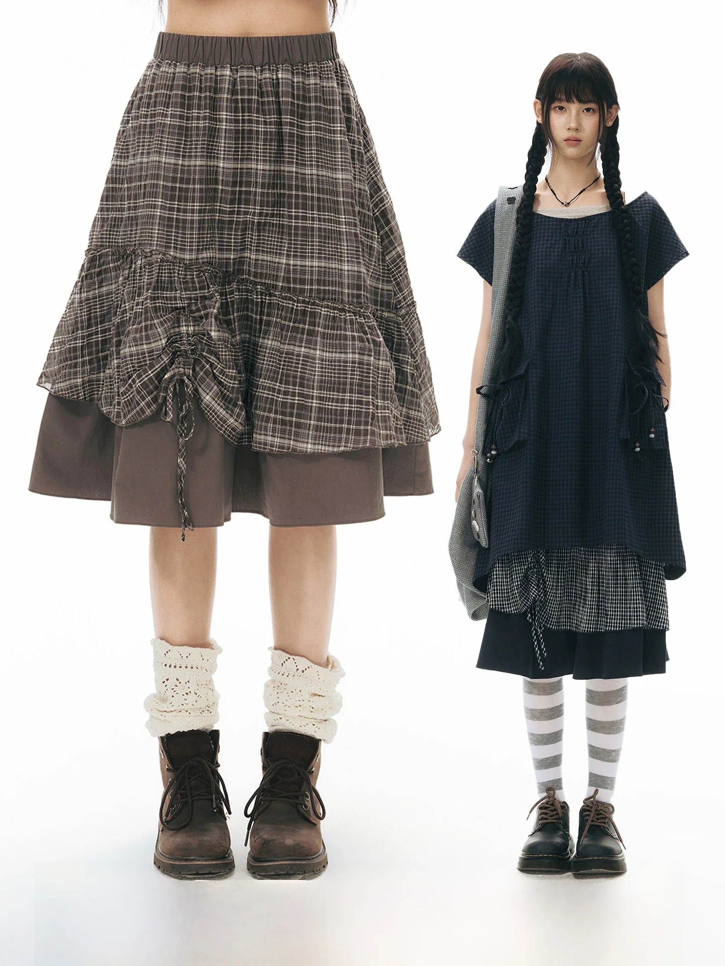 NAPSNAPS Original Plaid Color Block A-Line Long Half Skirt Women's Summer Teenage Feel High Waist Cotton Gingham Skirt