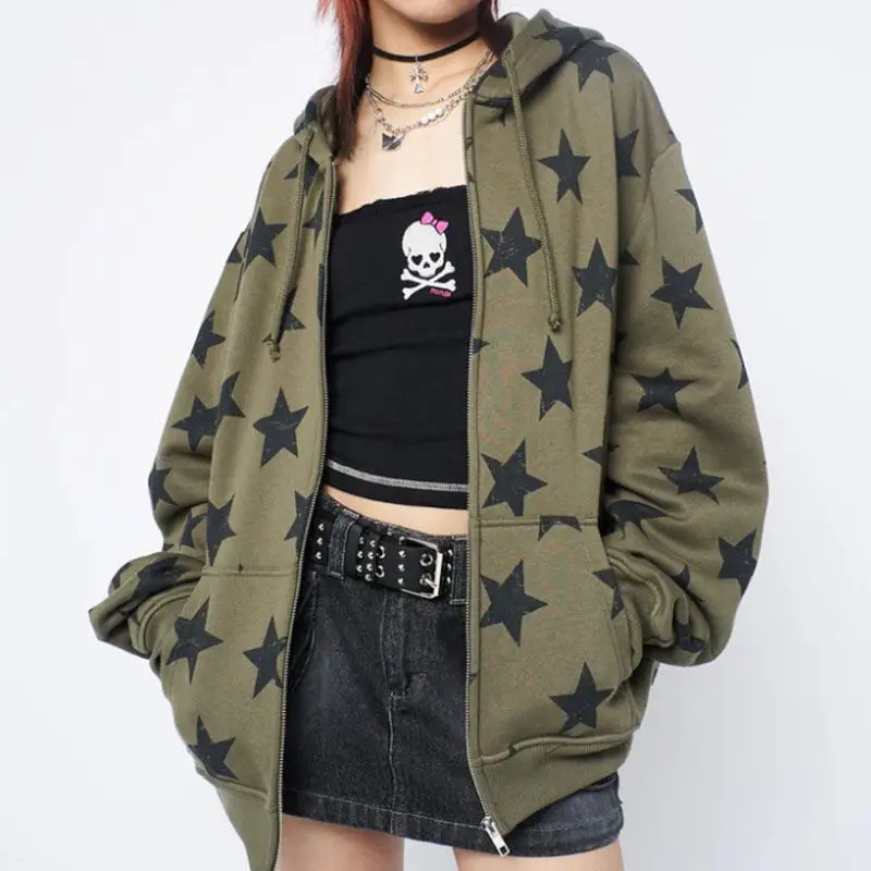 American Vintage Star Printed Green Zip Up Hoodie Autumn New Hottie Casual High Street Y2k Top All Match Loose Sweatshirt Women