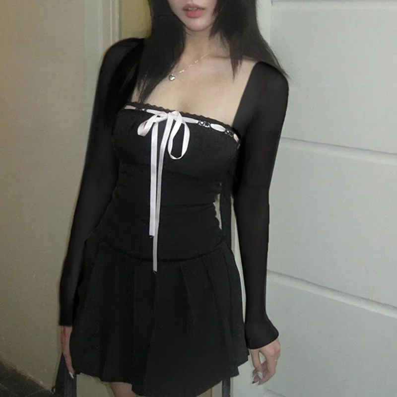 Y2K أسود ساحة طوق فستان بكم طويل المرأة أنيقة الدانتيل متابعة القوس ألف خط فستان قصير الكورية فساتين قصيرة الملابس الجمالية 원ipiС