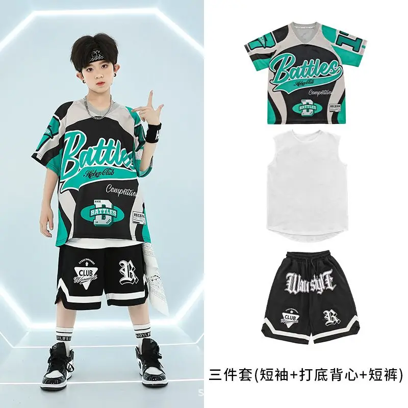 2024 Kids Hip Hop Dance Costumes Blue Loose T-Shirts Cargo Pants Streetwear For Girls Boys Jazz Performance Stage Wear