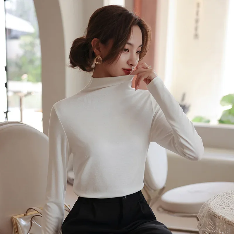 YSZWDBLX Women T-shirt Autumn Winter Long Sleeve Half High Collar Soft Modal Bottoming Shirt High Strecth Korean Warm Inner Wear