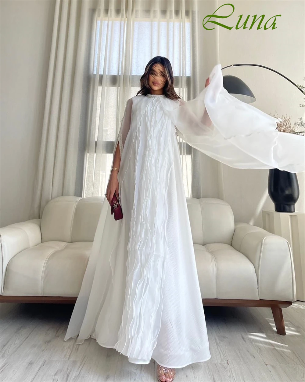 Robe de soirée classique personnalisée, col rond, demi-manches, en mousseline douce, froncée, robes de bal, tempérament, robes de mariée blanches