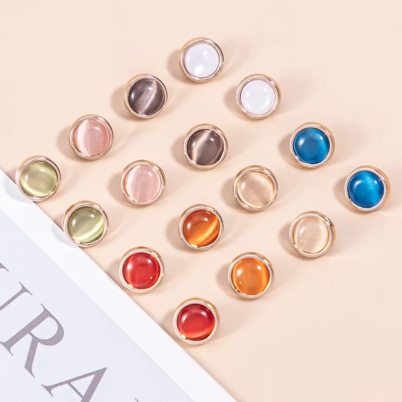 10 Pieces Beautiful Opal-like Buttons 10mm Pretty Gold Color Metal Round Shank Button DIY Garment Collar Sleeve Buttons