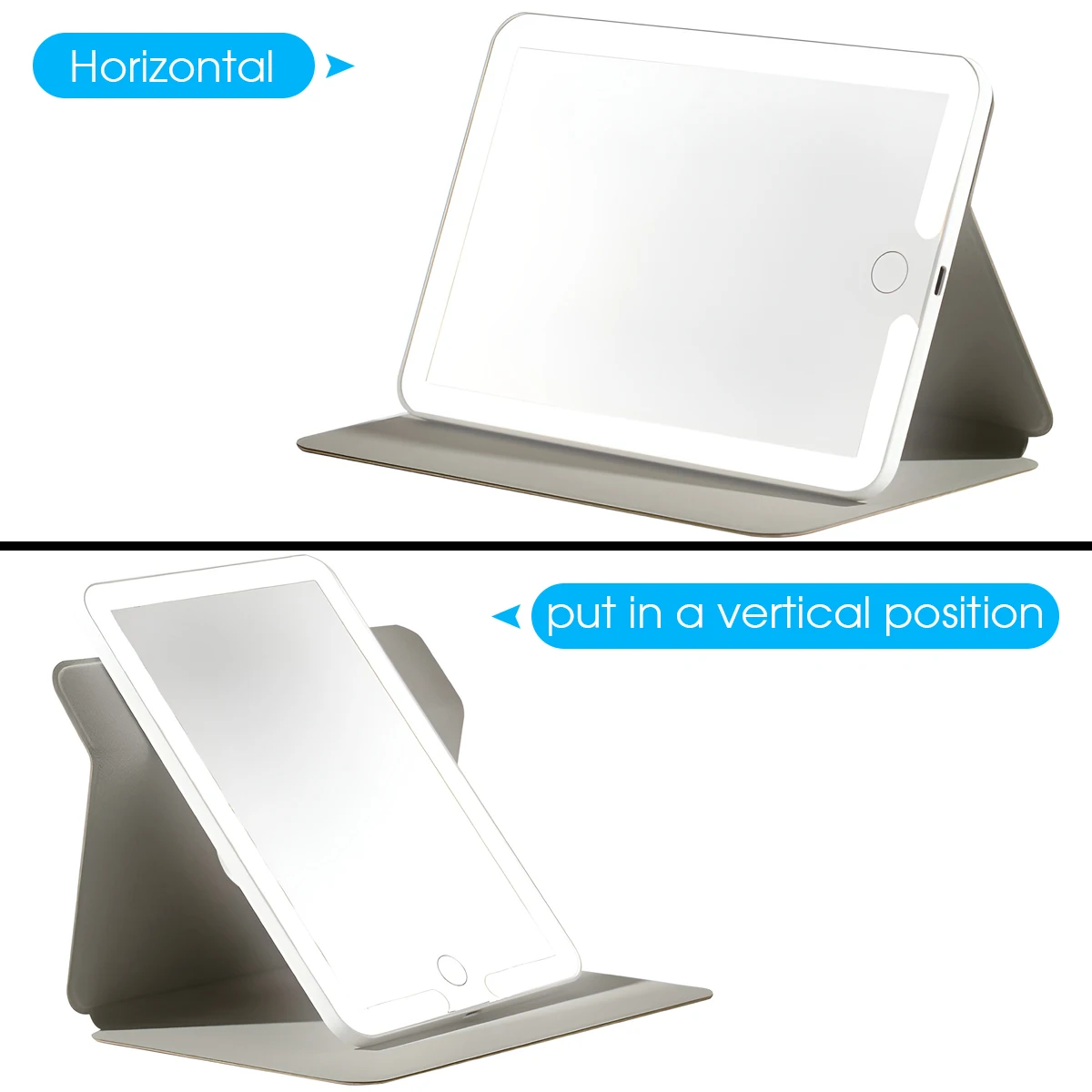 مرآة مكياج للسفر قابلة للطي بإضاءة LED، 3 ألوان، أوضاع إضاءة USB قابلة لإعادة الشحن، شاشة لمس محمولة على سطح الطاولة، مرآة لمستحضرات التجميل باللون الأبيض #6