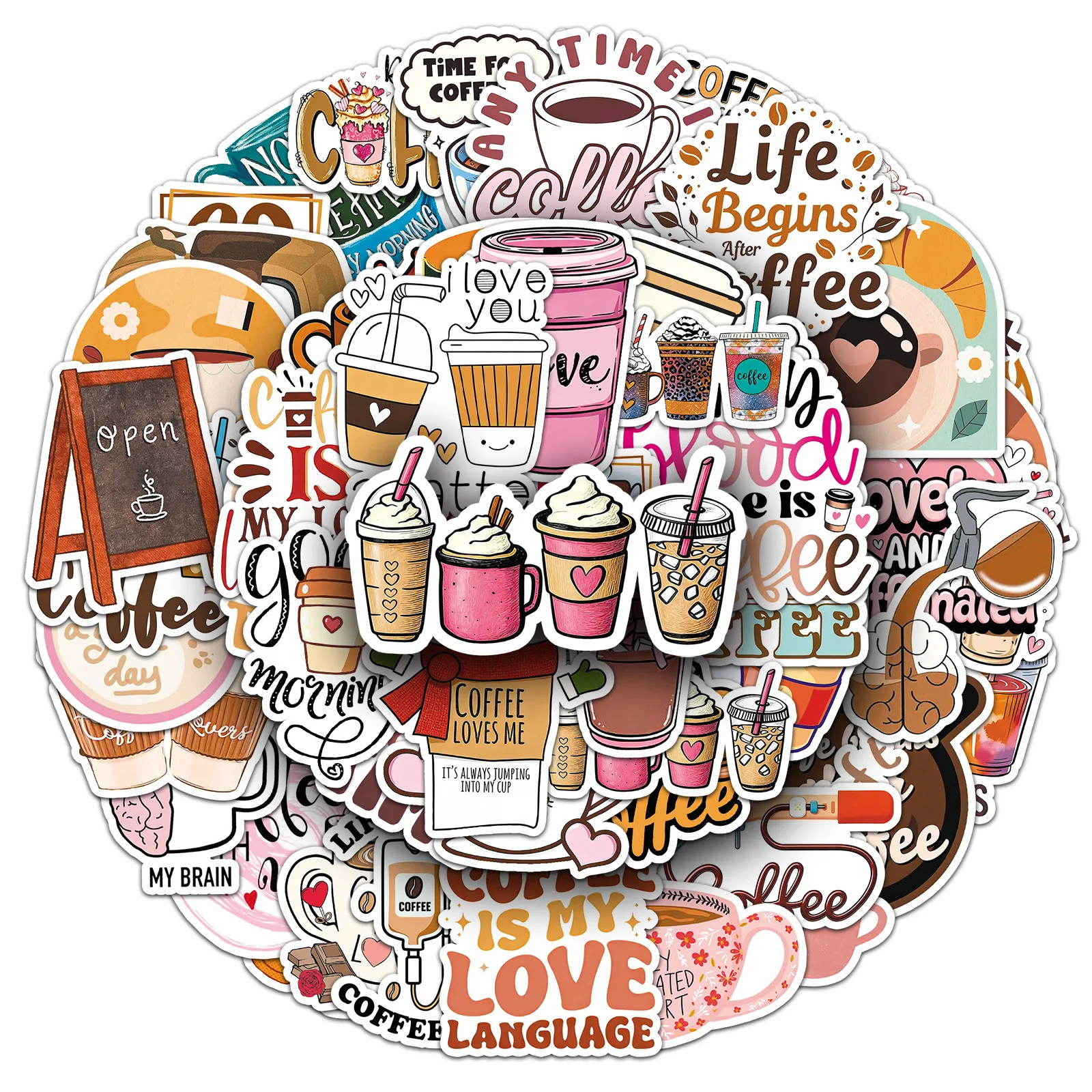 50PCS Coffee English Graffiti Sticker Coffee Fun Sentence Cartoon Decorable Water Cup Notebook iPad Waterproof Sticker Kids Toy