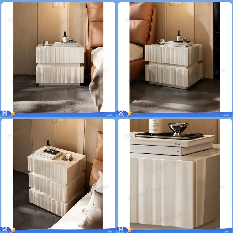 Modern High Gloss White Bedside Table Wavy Pattern 2 Drawer Nightstand Luxury Bedroom Storage Cabinet Hotel Home Furniture
