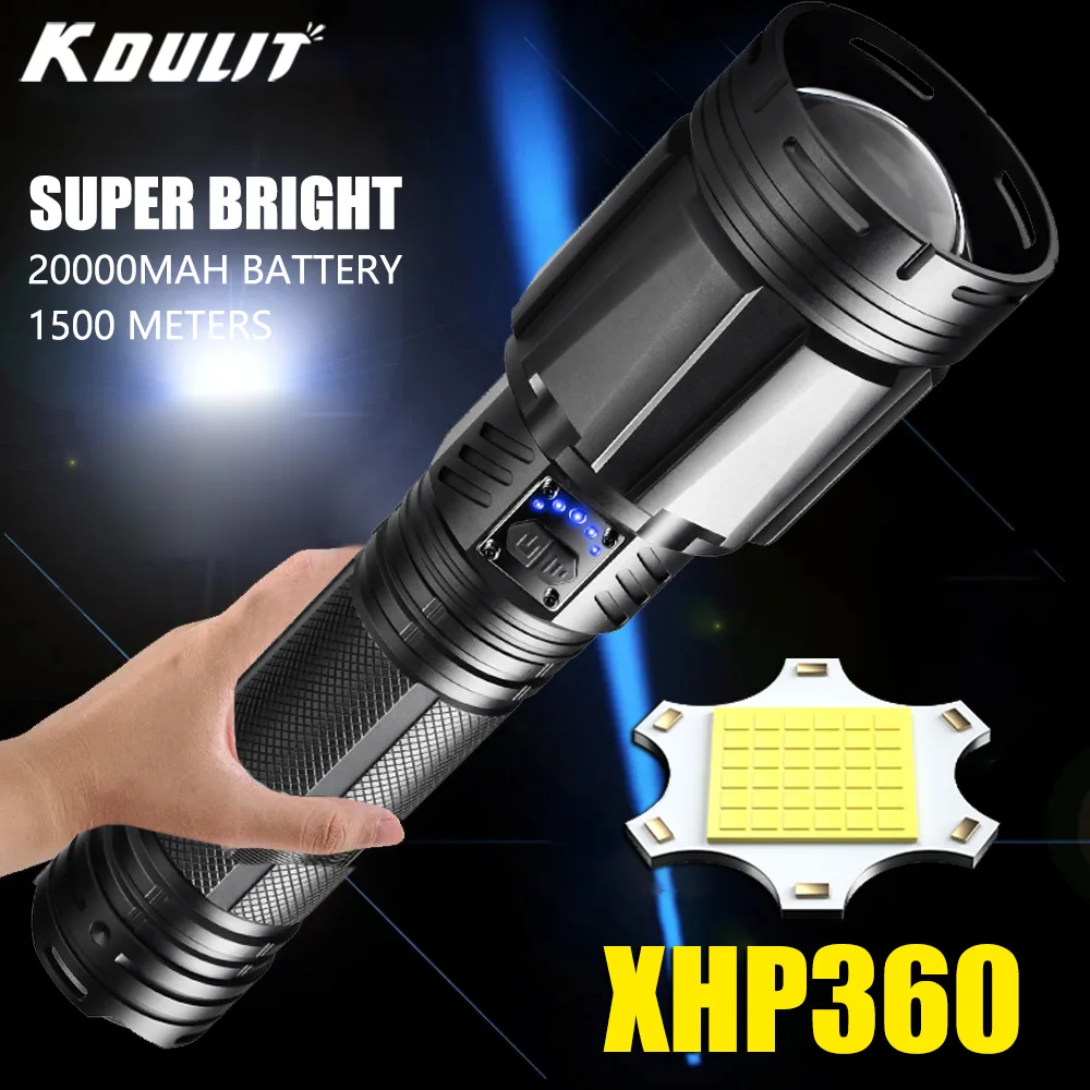 XHP360 Super Bright LED Flashlight Rechargeable Tactical Torch Long Range Zoom Outdoor Emergency Camping Lantern 18650 Battery