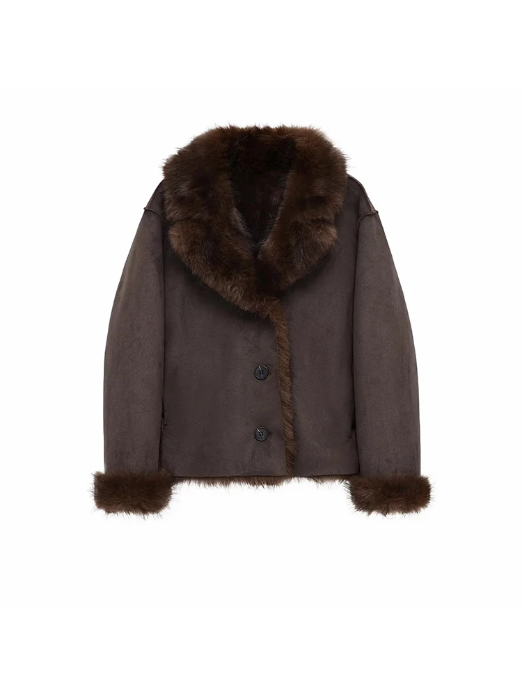 Frauen Herbst Winter Mode Reversible Faux Leder Lammwolle frauen Mantel Revers einreiher Langarm Jacke Oberbekleidung