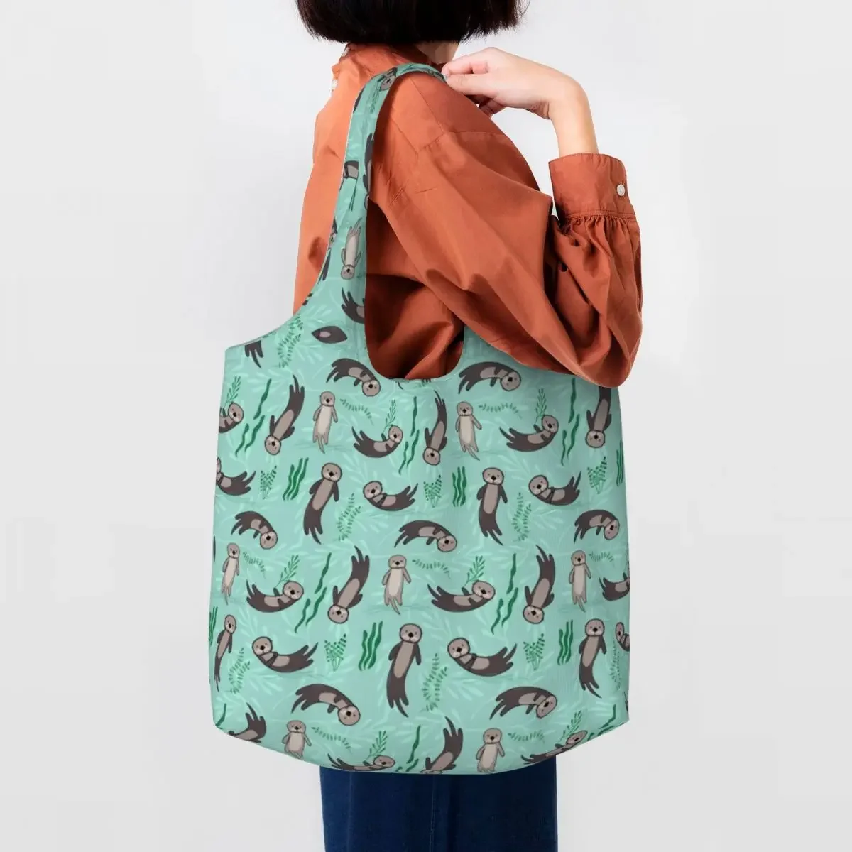 Funny Cute Otter Water Pattern Shopping Tote Bag Reusable Canvas Grocery Shoulder Shopper Bags Photography Handbag