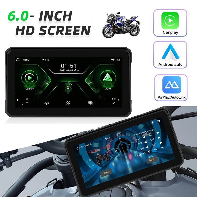 

6inch Motorcycle CarPlay Wireless Android Auto Navigation Airplay Display Touch Screen Portable Moto Monitor IPX8 IP68