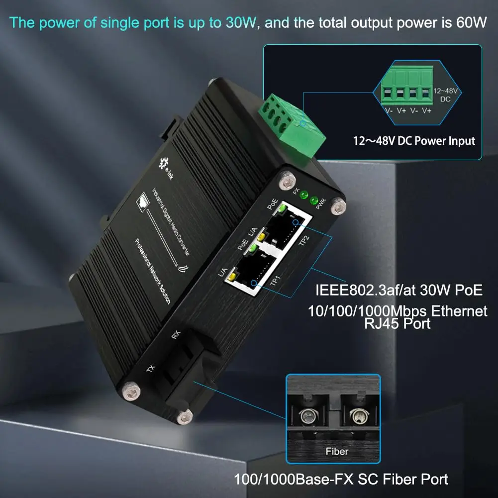 2x10/100/1000M RJ45 IEEE802.3bt 30W & 1 SFP/SC Port 12~48V DC Input DIN-Rail SM 20km Mini Industrial Gigabit PoE Media Converter