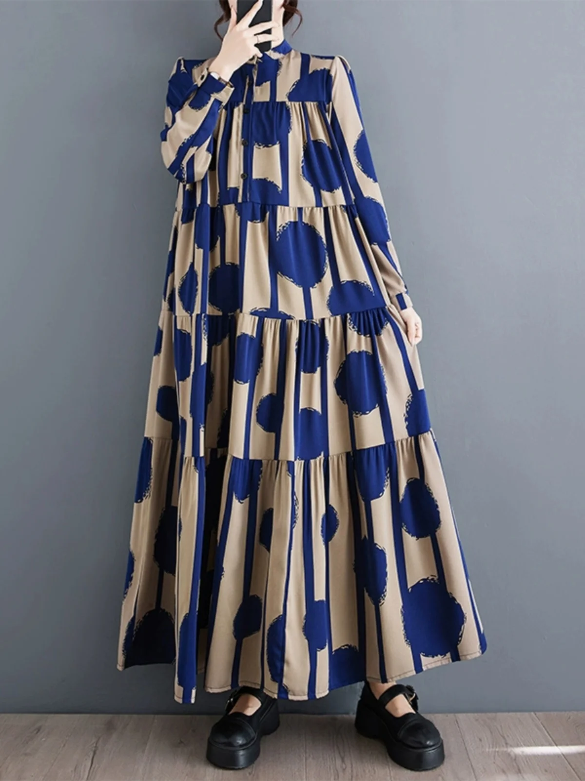 Vestido Longo E F Primavera Outono Saia Godê de Cintura Alta com Estampa de Bolinhas Moda Coreana