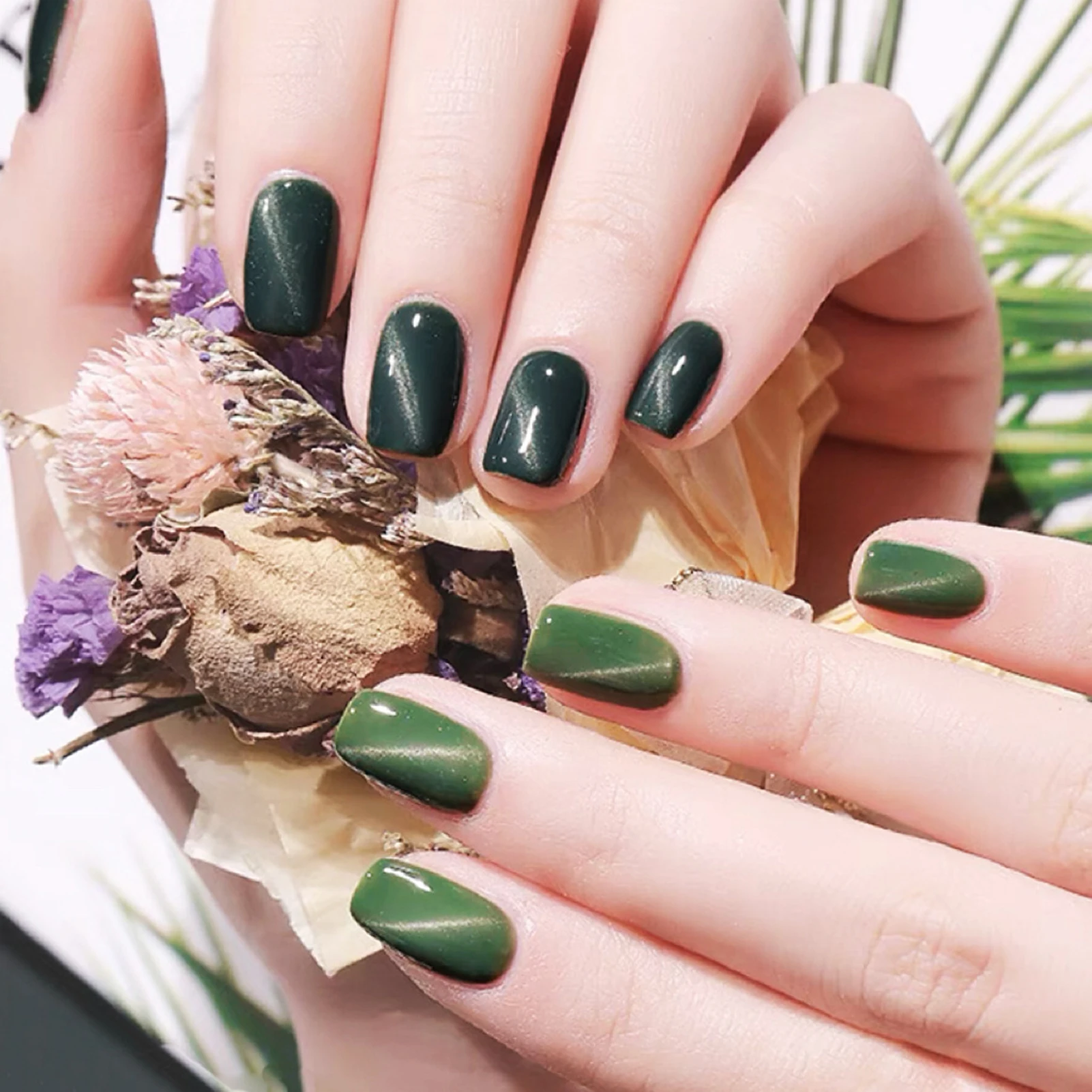 

Глянцевые кошачьи глаза, 24 шт., короткие квадратные зеленые накладные ногти, минималистичный очаровательный маникюр, женские носимые накладные ногти