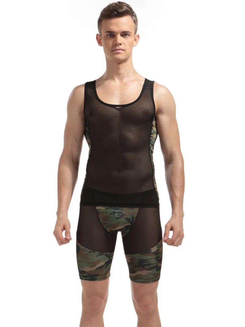 Conjuntos de pantalones cortos de malla ajustados para hombre, pijamas sexys, pantalones cortos Casaul transparentes, conjuntos de tirantes sin mangas con cuello en U, conjuntos de pantalones cortos LFZD