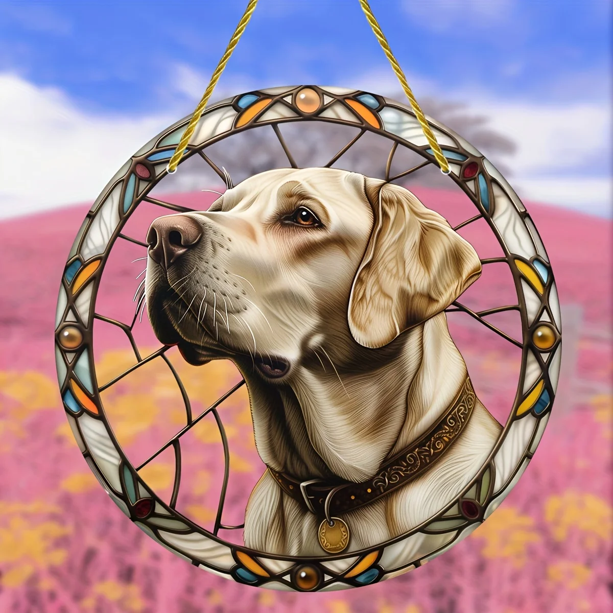 Labrador Retriever Stained Glass Window Hanging Suncatcher,Round Acrylic Sign,Wreath Accent,Home,Patio Garden Bedroom Decor