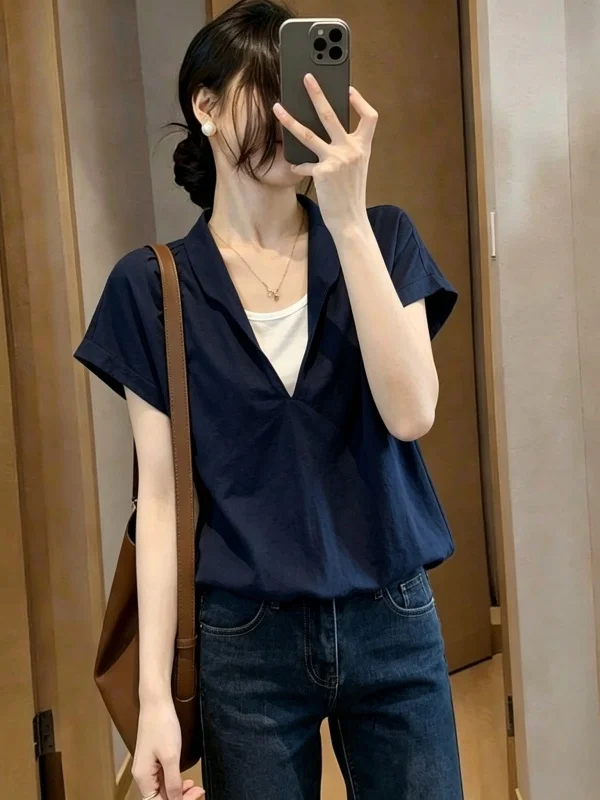 

Summer New plus Size Women's Shirt Irregular V-Neck Short Sleeve Fake Two-Pieced Commute Style Korean Version