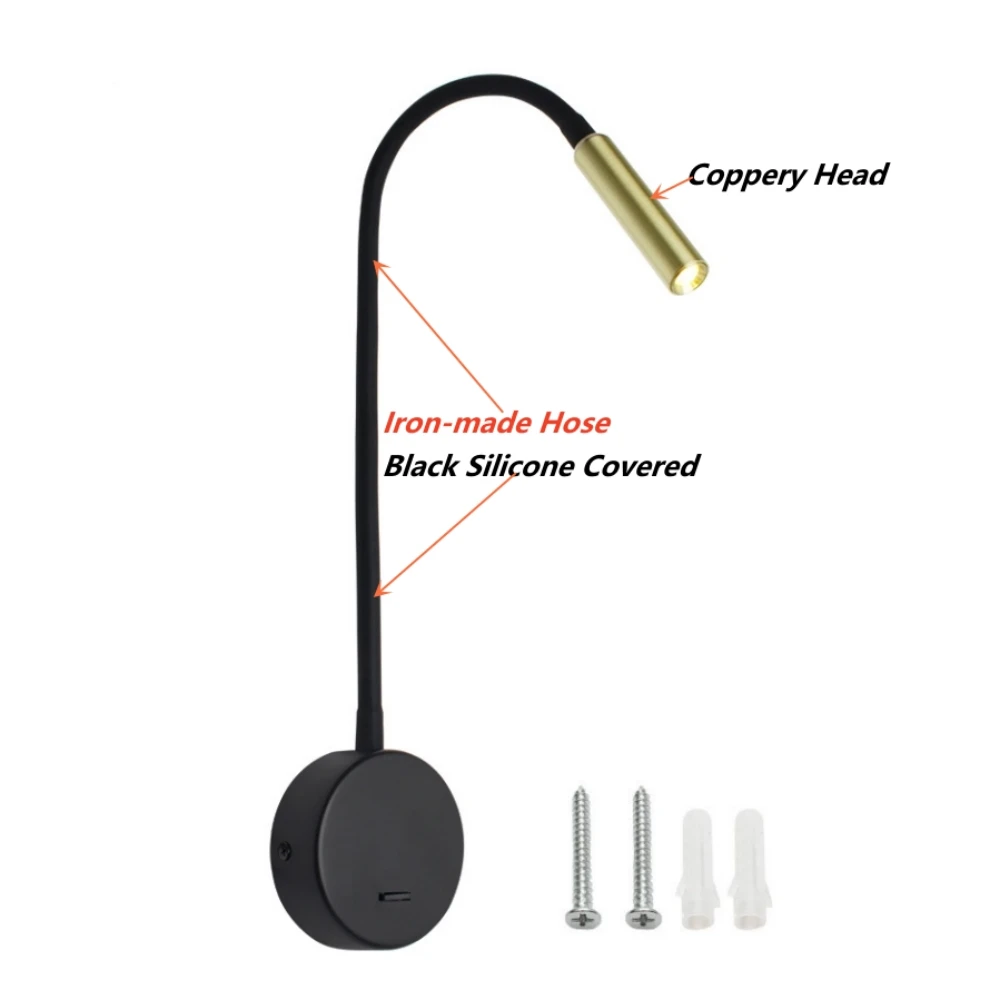Tokili Flexible Gooseneck Lamp Bedside Switch Reading Light Wall Decor Night Sconces Indirect Luminaire 3W Focus LED AC100-240V