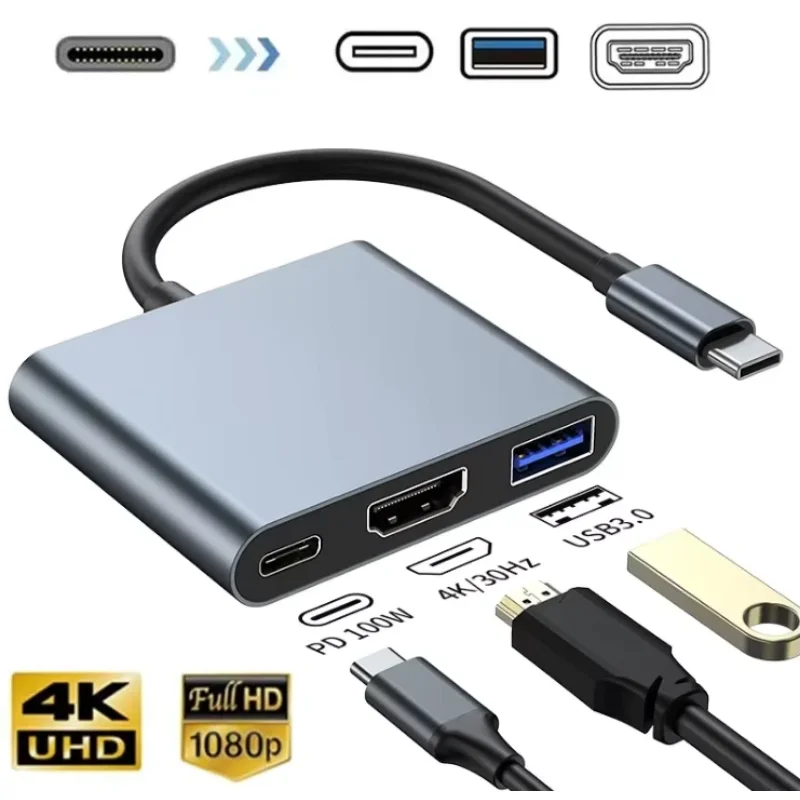 3-in-1 USB C Hub with 4K HDMI USB 3.0 Ports 100W PD Charging Aluminum Shell for MacBook Pro/Air Laptops