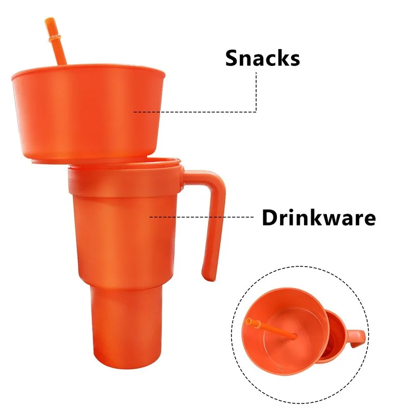 Stadium Tumbler Popcorn Drink Cola Cup 2 In 1 Snackies Cup Portable Splash Snack Bowl Chicken Storage Bowl with Handle Straw Cup