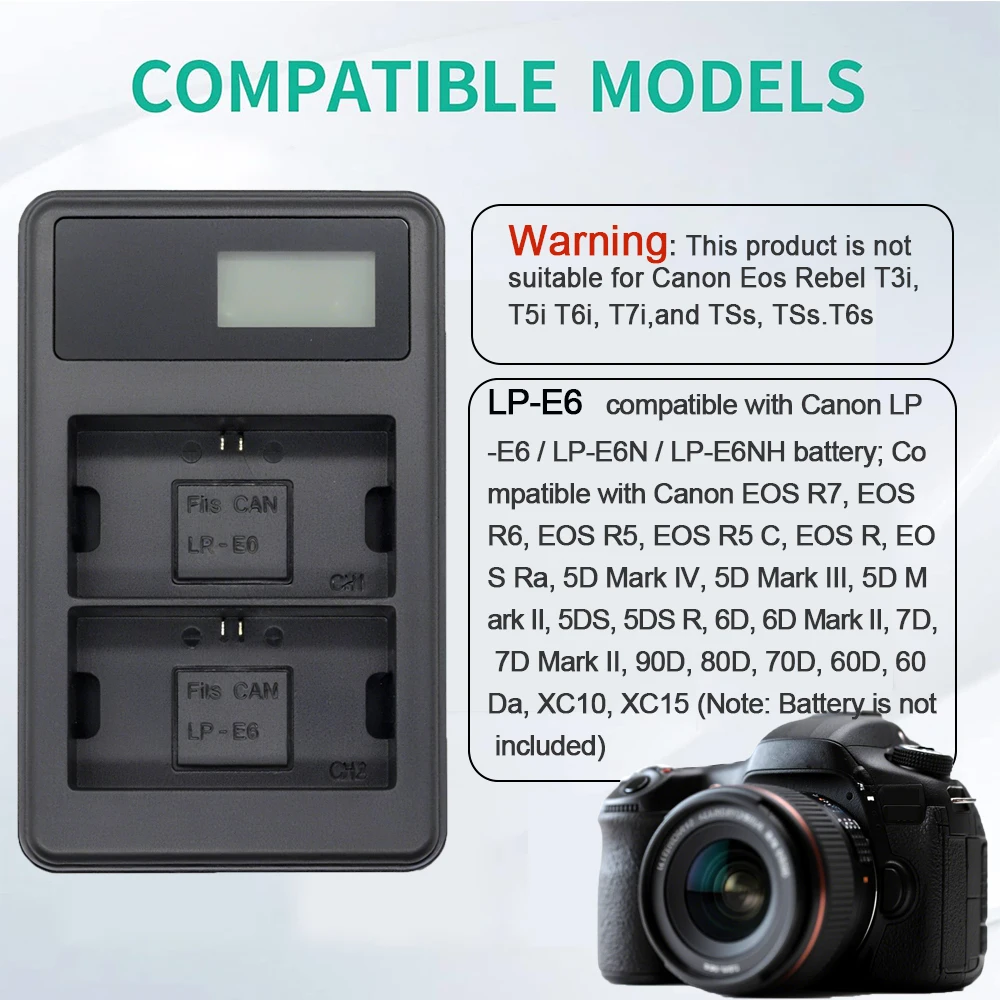 LP-E6 Battery Charger Dual Slot, Suitable for Canon Camera Battery Charging R7, E6, R5, R, 90D, 80D, 70D, Etc. view 6