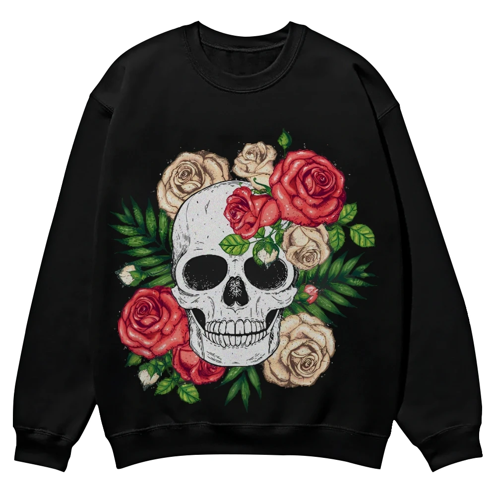 

Graphic Pullover Chic Skull Rose Print Sweater Long Sleeve Round Cotton Sweatshirt Unisex Loose Casual Streetwear Hip Hop Tops