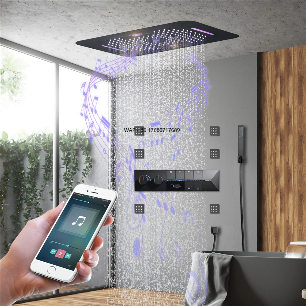 

Modern Wall Mount Brass Bathroom Shower Set Jet Rain Waterfall Spray 23x15 Inch Shower Head with LED Sound System
