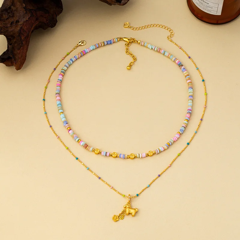 New Chinese Style Natural Stone Beaded Necklace Gourd Shape Charms Cute Horse Pendant Light Luxury Versatile Clavicle Chain