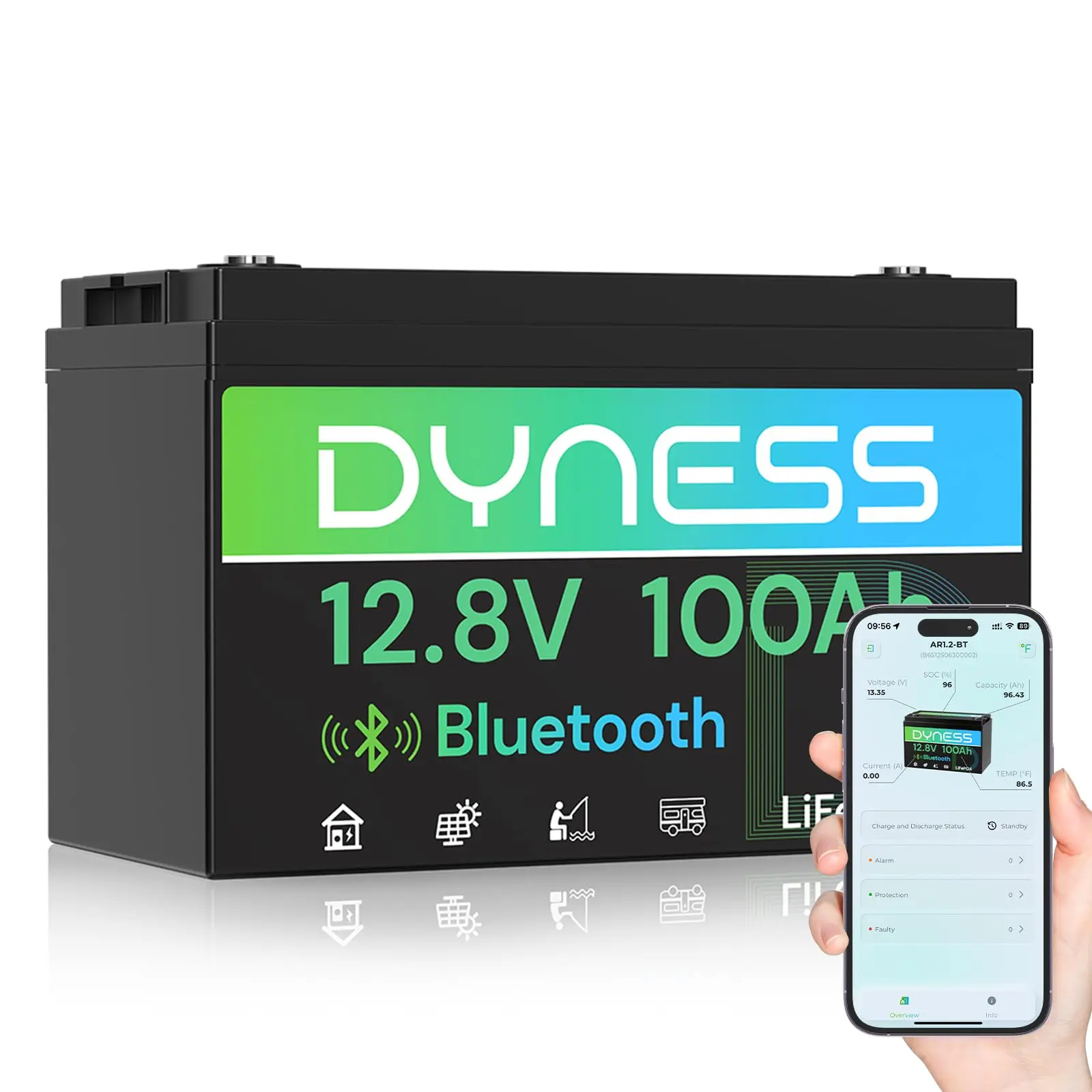 12V 100Ah Bluetooth LiFePO4 Lithium Battery for RV, Solar, Off-Grid