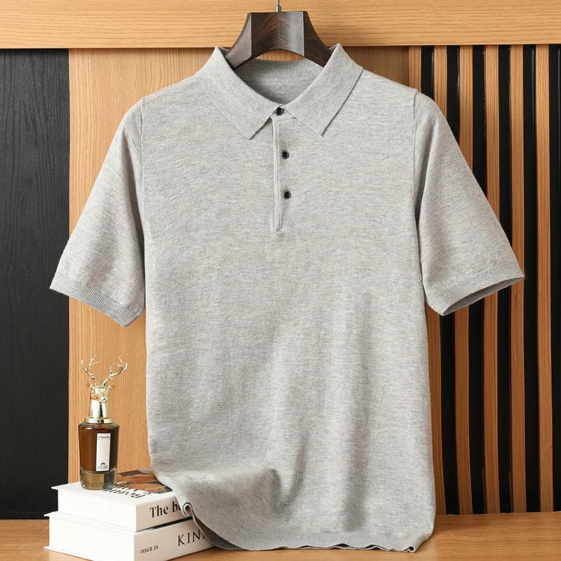Spring Summer Solid Color Wool Polo Collar Knitted Short Sleeved T-Shirt For Men, Fashionable Business Casual Versatile Pullover