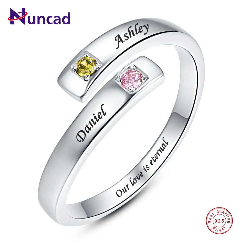 

NUNCAD 925 Silver Ring Customized Zircon Round Gem 2 Birthstone 2 Names Text Women's Birthday Gift Jewelry