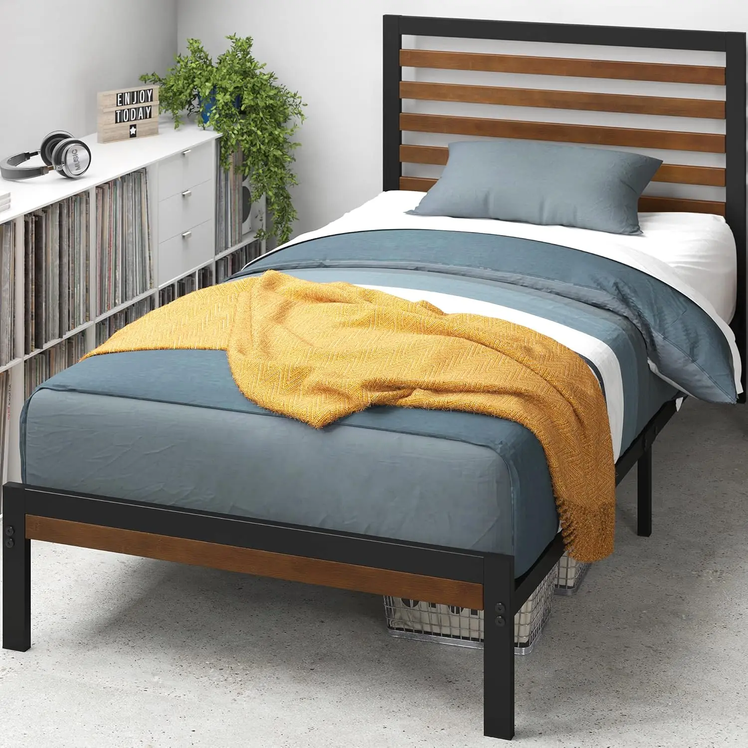 

Bamboo and Metal Platform Bed Frame with Headboard, No Box Spring Needed, Easy Assembly, Twin, Brown