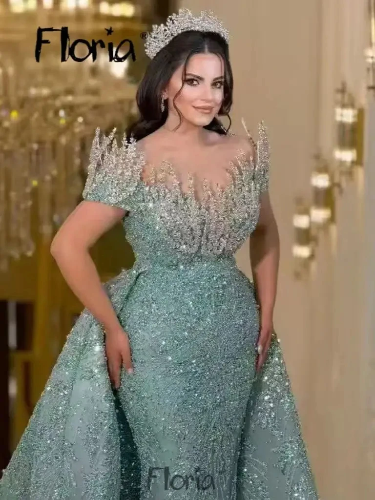 Royal floria sage verde vestido de noite com trem destacável cristais frisado lantejoulas vestido de festa de casamento noivado personalizado