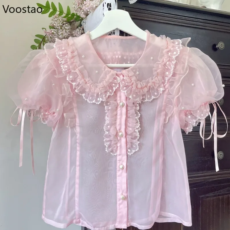 

Japanese Kawaii Lolita Shirt Women Sweet Pearl Lace Ruffles Peter Pan Collar Princess Blouses Female Y2k Puff Sleeve Tops Blusas