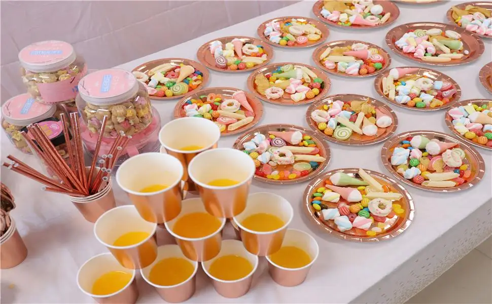 Roségold Einweg-Geschirrset, Pappbecher, Teller, Servietten, Tischdecken, Strohhalme, Verlobung, Hochzeit, Geburtstagsparty-Zubehör – Detail 11