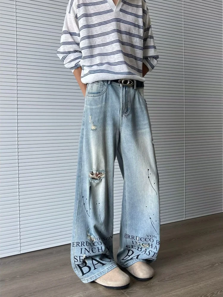 Trashy Y2K 2000S رسالة مطبوعة غسلها الأزرق فضفاض ممزق الجينز السراويل للرجال 90S الملابس خمر سراويل جينز Pantalon Hombre #6