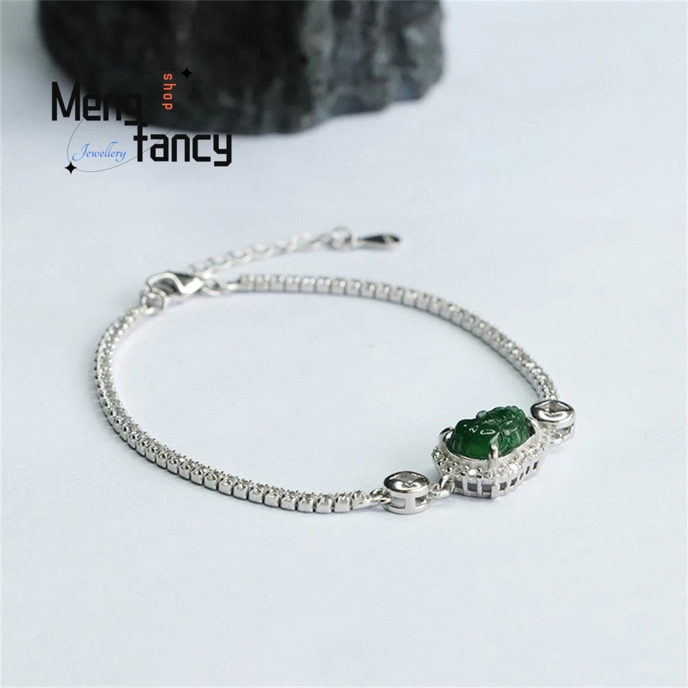 S925 Silver Inlaid Natural Jadeite Ice Type Imperial Pixiu Bracelet Exquisite Elegant High-grade Couple Luxury Fashion Jewelry