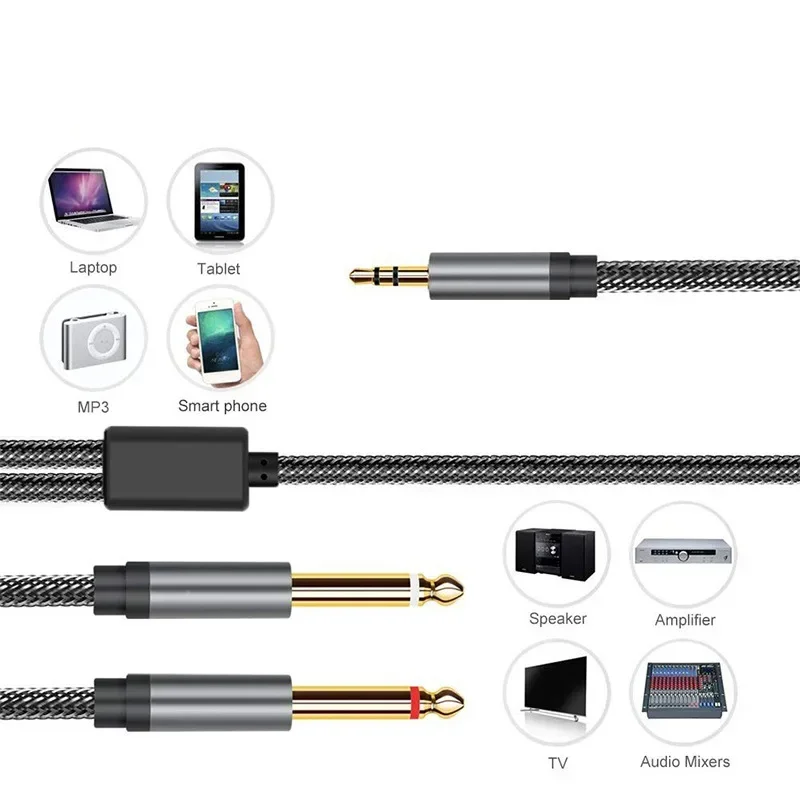 DREMAKE Stereo Audio Cable Jack 3.5mm To Double 6.5mm for Phone MP3 Laptop Tablet TV Speaker and So on 6.5 To 3.5 Jack