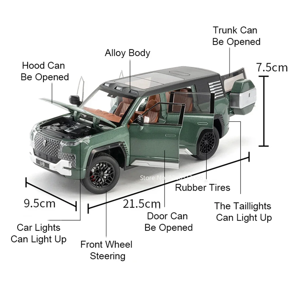 1:24 BYD YANGWANG U8 Alloy Toys Cars Diecast Models Pull Back Miniature SUV with Music Light Rubber Tires Vehicles Child Gifts