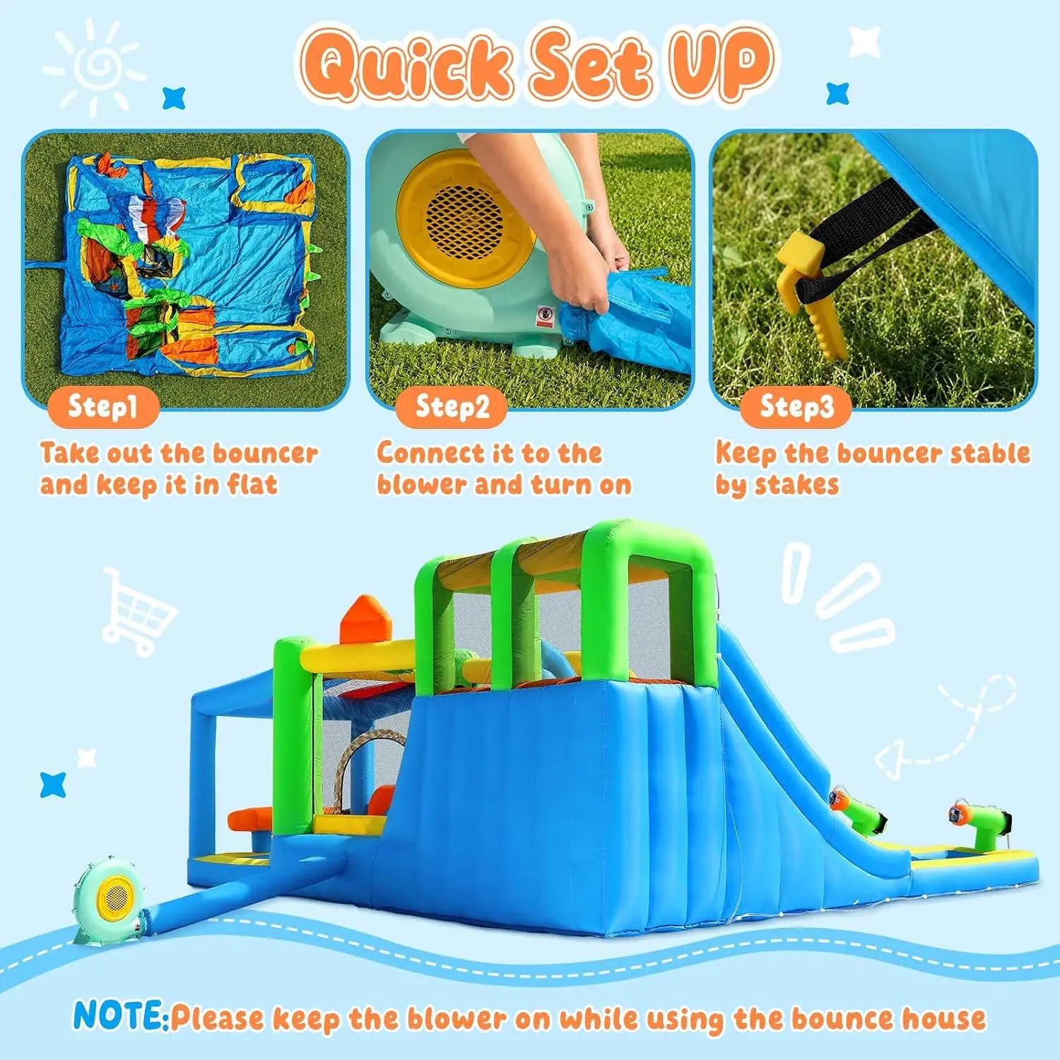 11-in-1 Inflatable Water Slide Park with Bouncy Castle, Double Water Slides, Splash Pool, Climbing Wall, and 680W Blower, for Indoor & Outdoor Backyard Fun view 6