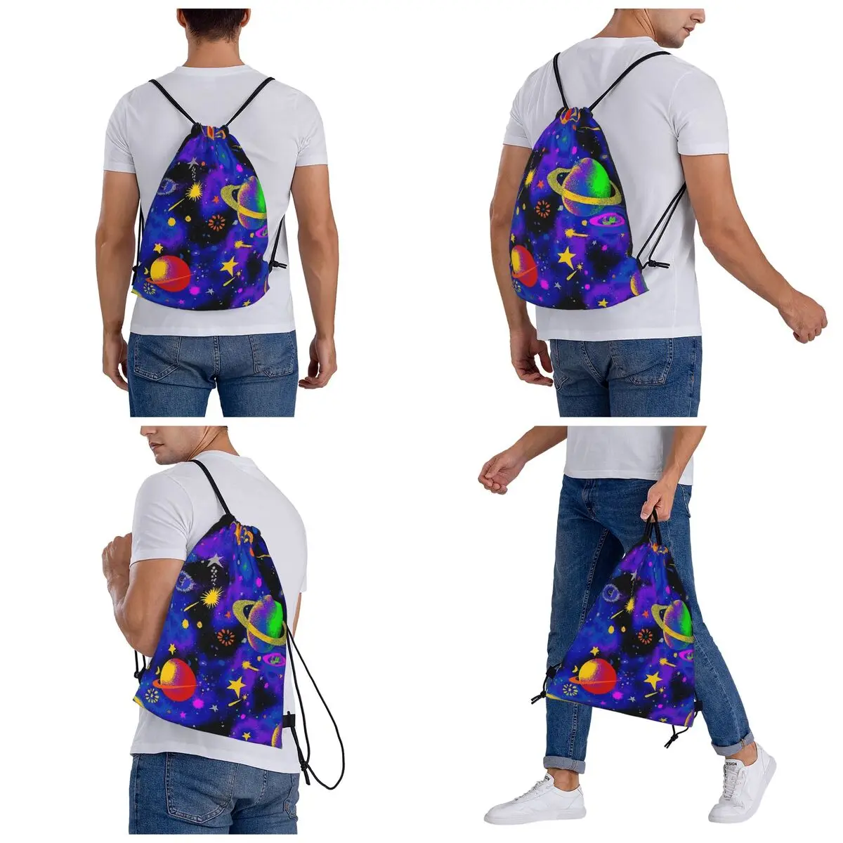 Neon Space Backpacks Fashion Portable Drawstring Bundle Pocket Sundries Bag Book Bags For Travel Students