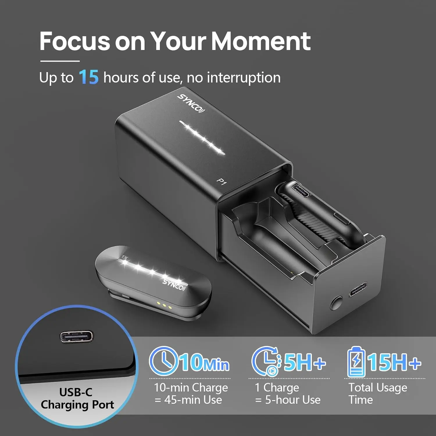 Mikrofon bezprzewodowy SYNCO Lavalier P1SL 2.4GHz do telefonu komórkowego, iPada z etui ładującym do iPhone 14/13/12/11/SE