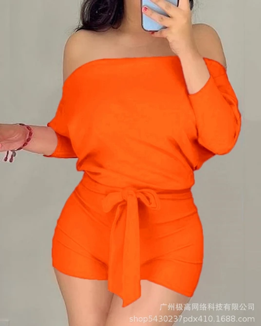 Women's Jumpsuit Summer Fashion Solid Color Casual Off Shoulder Long Sleeved Tie Details High Waisted Skinny Mini Rompers