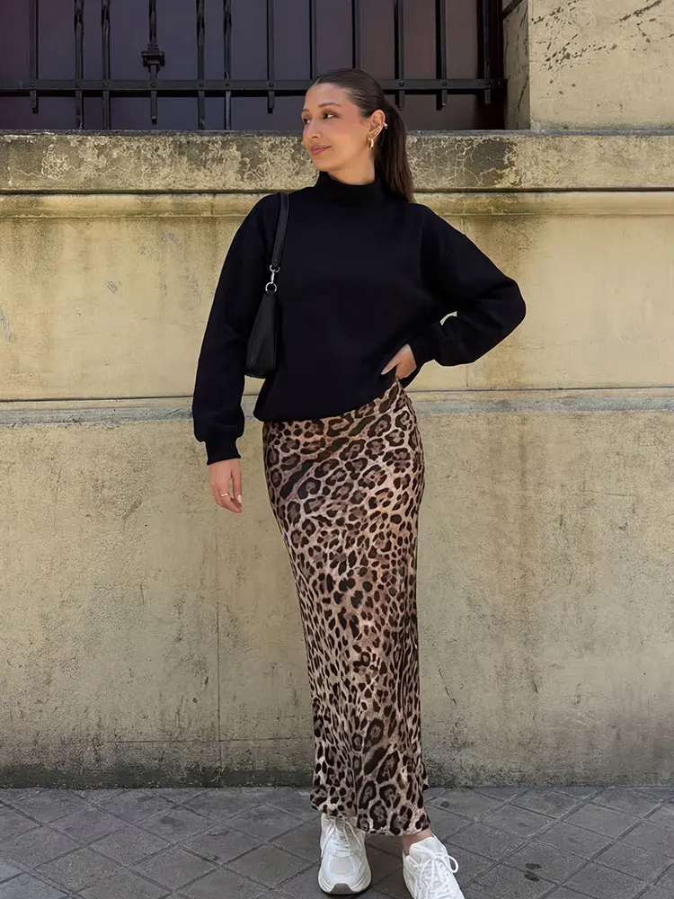 HH Elegant Leopard Print Satin Maxi Skirt for Women, High Waist A-Line Flowy Long Skirt, Casual Party Summer Streetwear